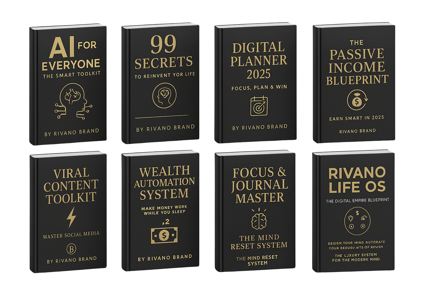 A collection of eight books titled 'AI for Everyone', '99 Secrets', 'Digital Planner 2025', and more, all by Rivano Brand.