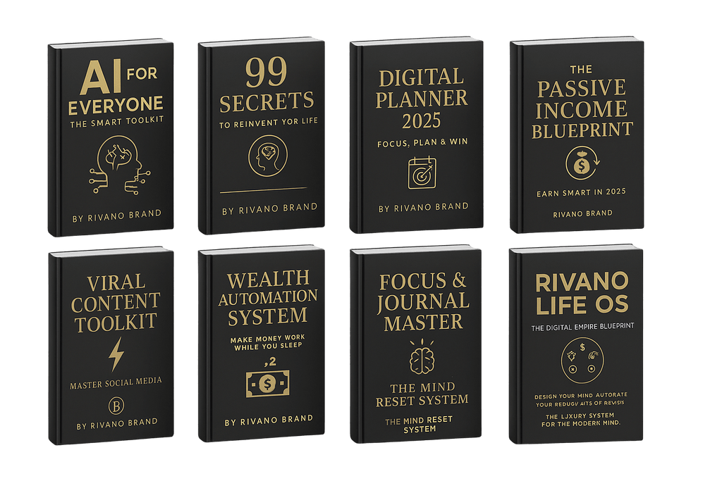 A collection of eight books titled 'AI for Everyone', '99 Secrets', 'Digital Planner 2025', and more, all by Rivano Brand.